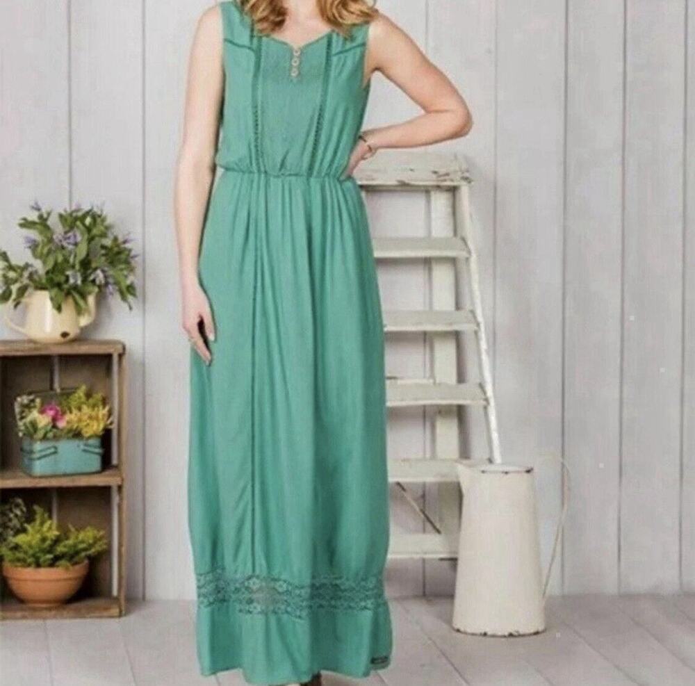 Matilda Jane Green Down In The Valley Mama Boho Prairie Lace Maxi Dress Sz M
